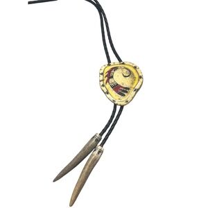 Bolo Tie Carved Elk Antler? Stylized Big Horn Ram‎ Red, Black Black cord  Signed